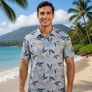 Travis Mathew Light Grey Blue Leaf Print Polo Shirt Tropical Hawaiian Floral